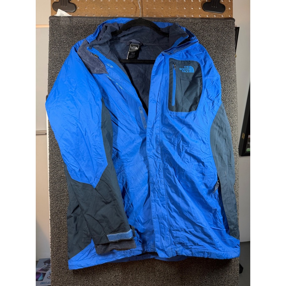 The North Face HyVent Rain Jacket Boys XL Blue Grey Fleece Lined Hooded Full Zip